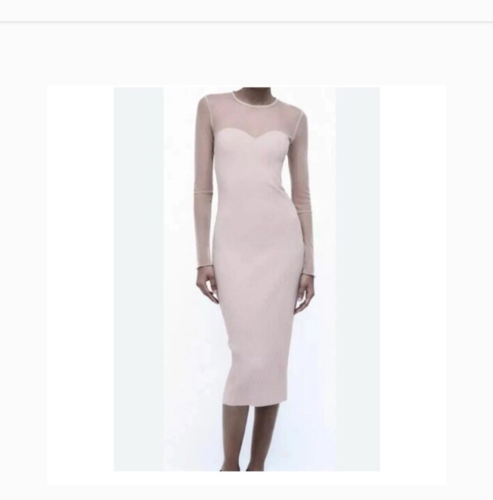 NWT ZARA Elegant Ribbed Pinkish Grey Long Sleeve Dress S Msd